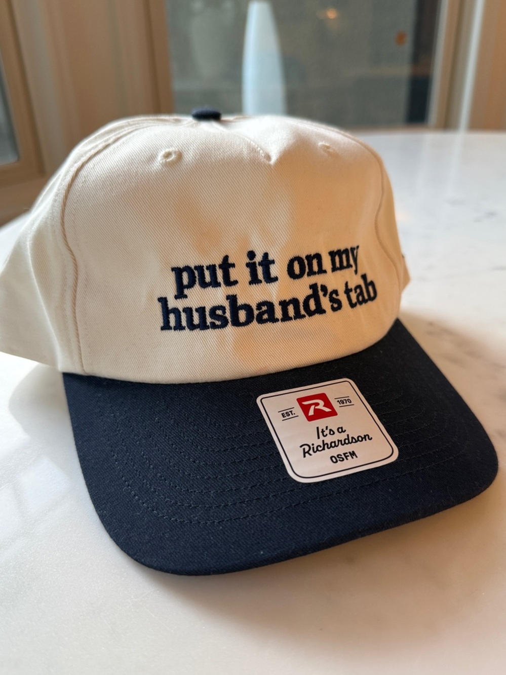 New- ‘Put It On My Husband's Tab' Baseball Cap - Navy/Off-White